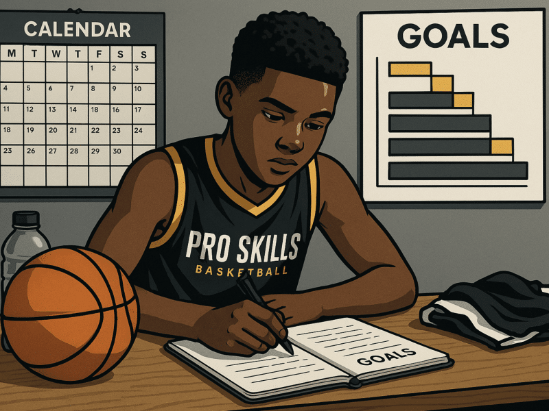 Youth basketball player writing down S.M.A.R.T. basketball goals in a notebook with a calendar and goal chart nearby.